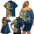 Gold Coast Titans Family Matching Off Shoulder Short Dress and Hawaiian Shirt Polynesian Tribal Tattoo Pacific Sport Art