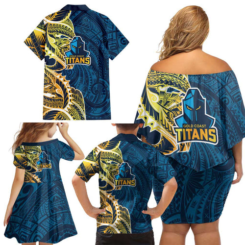 Gold Coast Titans Family Matching Off Shoulder Short Dress and Hawaiian Shirt Polynesian Tribal Tattoo Pacific Sport Art