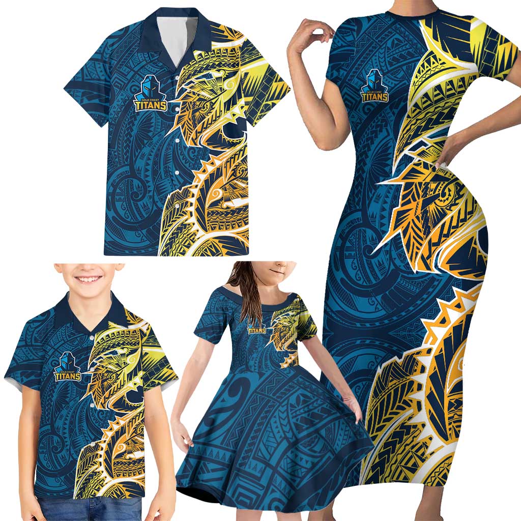 Gold Coast Titans Family Matching Short Sleeve Bodycon Dress and Hawaiian Shirt Polynesian Tribal Tattoo Pacific Sport Art