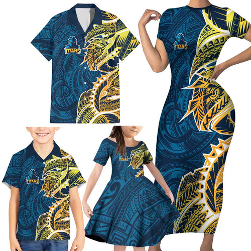 Gold Coast Titans Family Matching Short Sleeve Bodycon Dress and Hawaiian Shirt Polynesian Tribal Tattoo Pacific Sport Art