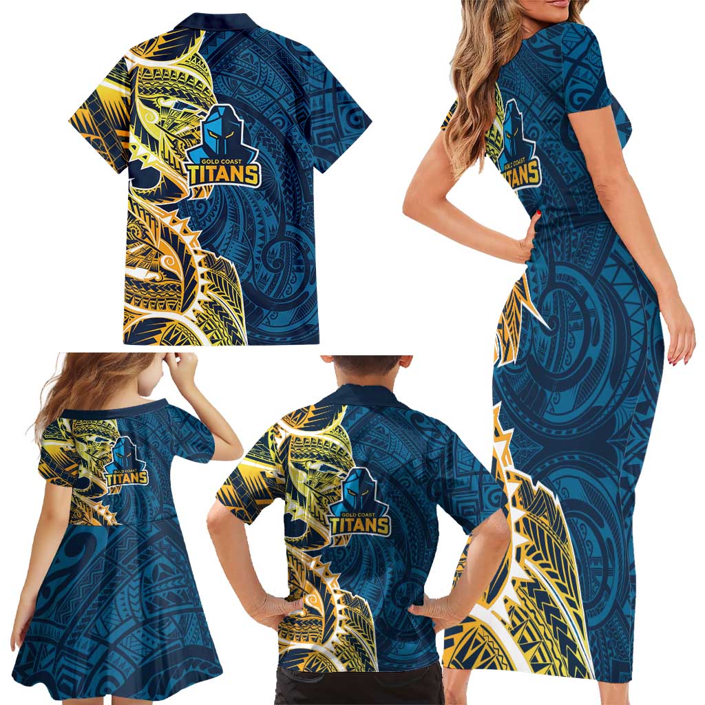 Gold Coast Titans Family Matching Short Sleeve Bodycon Dress and Hawaiian Shirt Polynesian Tribal Tattoo Pacific Sport Art