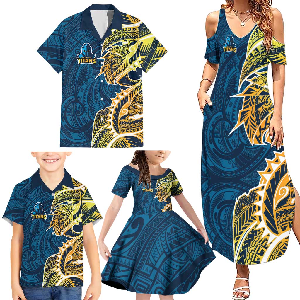 Gold Coast Titans Family Matching Summer Maxi Dress and Hawaiian Shirt Polynesian Tribal Tattoo Pacific Sport Art