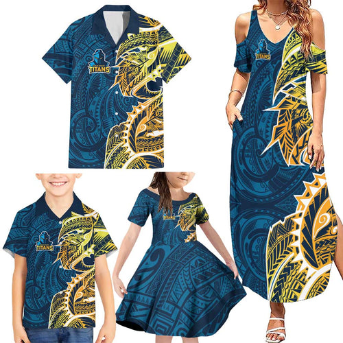 Gold Coast Titans Family Matching Summer Maxi Dress and Hawaiian Shirt Polynesian Tribal Tattoo Pacific Sport Art