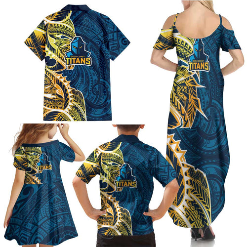 Gold Coast Titans Family Matching Summer Maxi Dress and Hawaiian Shirt Polynesian Tribal Tattoo Pacific Sport Art