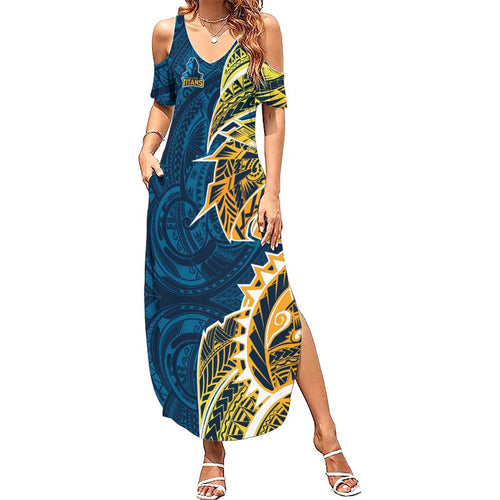 Gold Coast Titans Family Matching Summer Maxi Dress and Hawaiian Shirt Polynesian Tribal Tattoo Pacific Sport Art