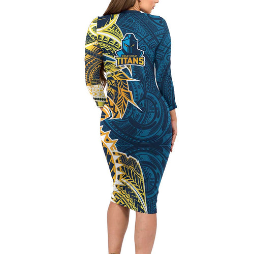 Gold Coast Titans Long Sleeve Bodycon Dress Polynesian Tribal Tattoo Pacific Sport Art