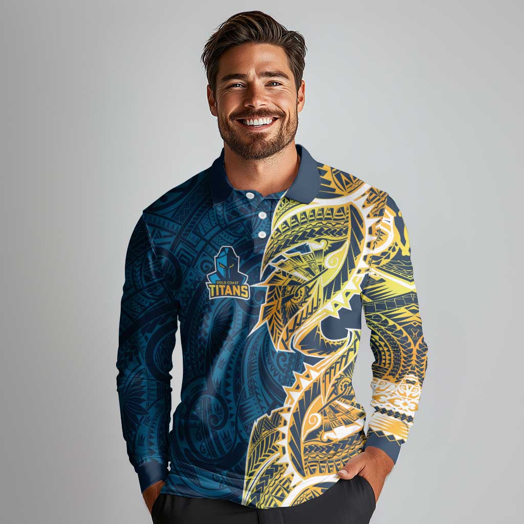 Gold Coast Titans Long Sleeve Polo Shirt Polynesian Tribal Tattoo Pacific Sport Art