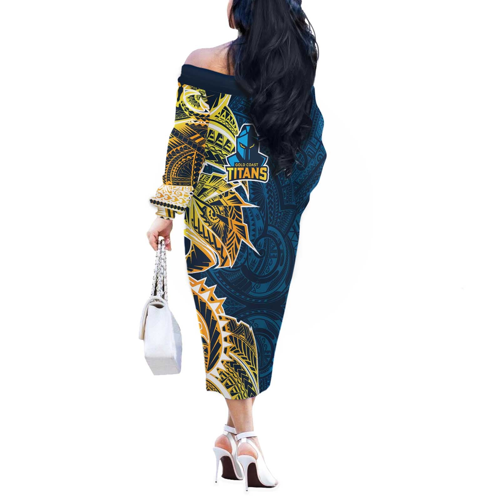 Gold Coast Titans Off The Shoulder Long Sleeve Dress Polynesian Tribal Tattoo Pacific Sport Art