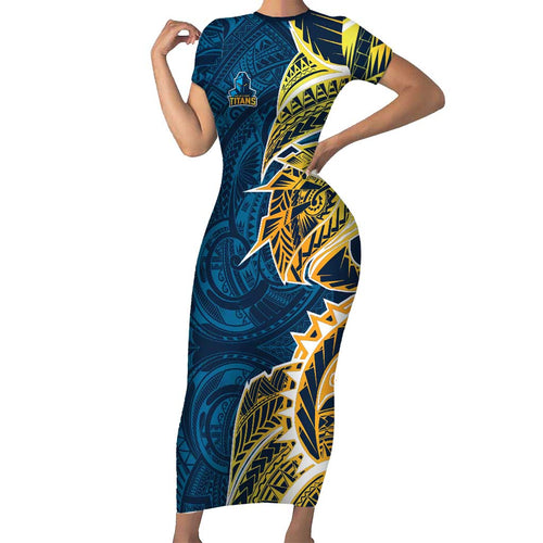 Gold Coast Titans Short Sleeve Bodycon Dress Polynesian Tribal Tattoo Pacific Sport Art