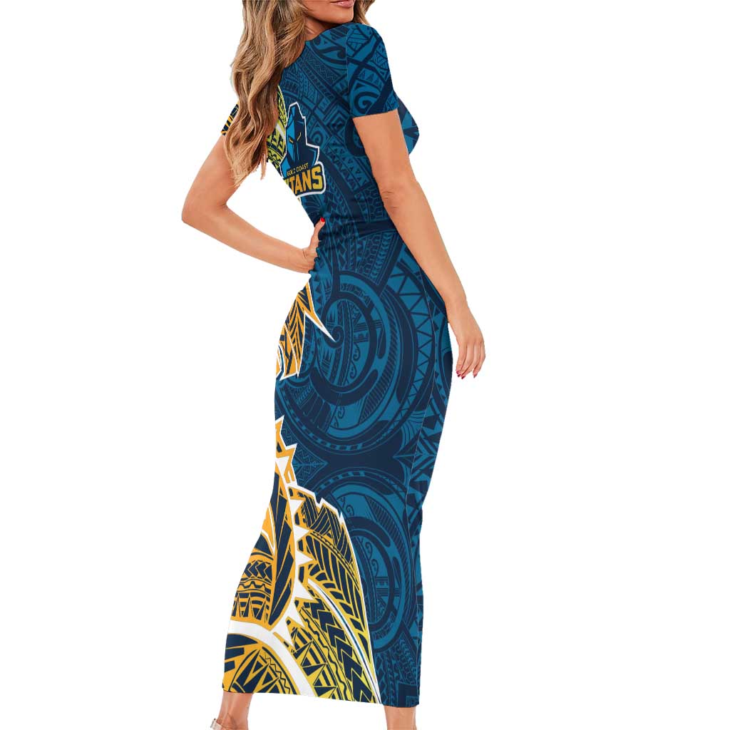 Gold Coast Titans Short Sleeve Bodycon Dress Polynesian Tribal Tattoo Pacific Sport Art