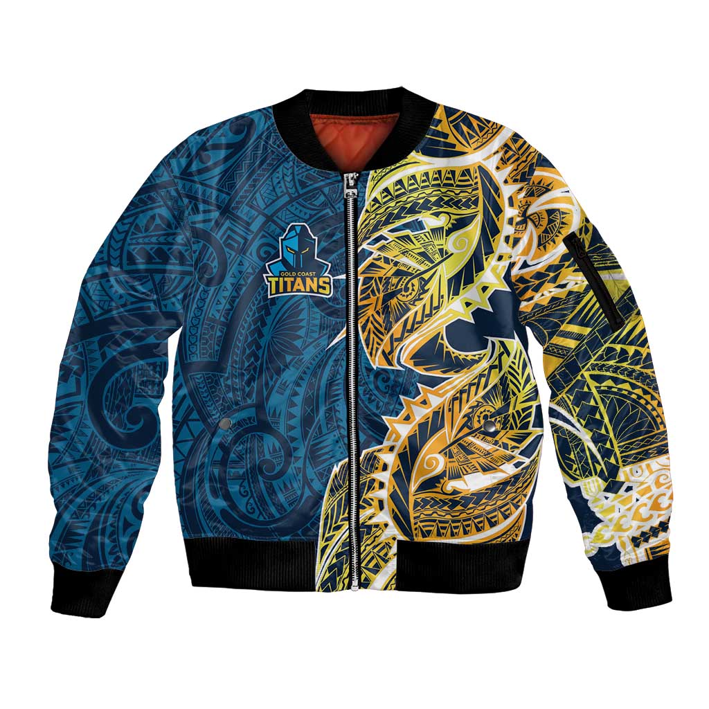 Gold Coast Titans Sleeve Zip Bomber Jacket Polynesian Tribal Tattoo Pacific Sport Art