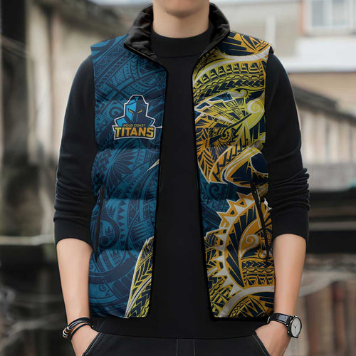 Gold Coast Titans Sleeveless Puffer Jacket Polynesian Tribal Tattoo Pacific Sport Art