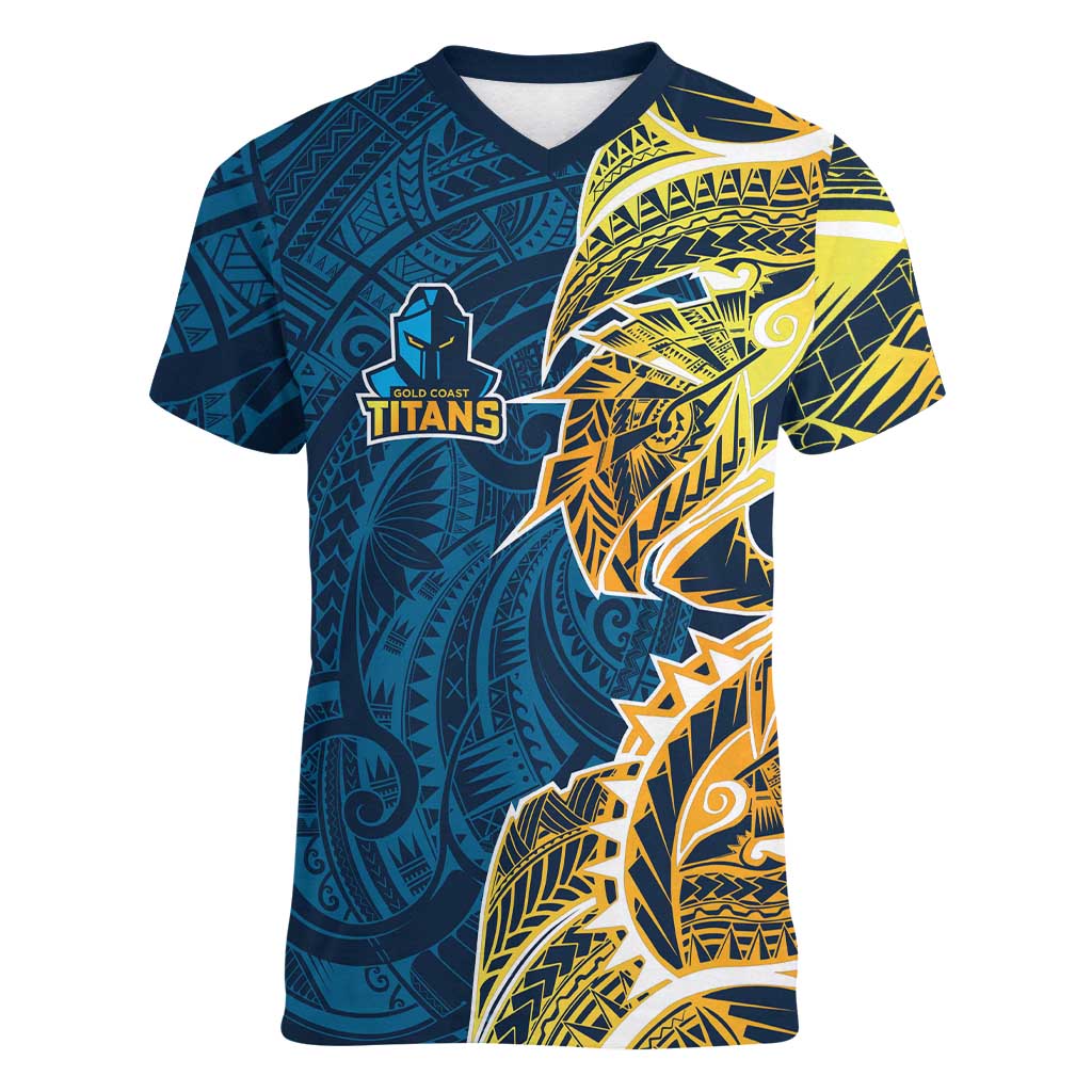 Gold Coast Titans Women V-Neck T-Shirt Polynesian Tribal Tattoo Pacific Sport Art