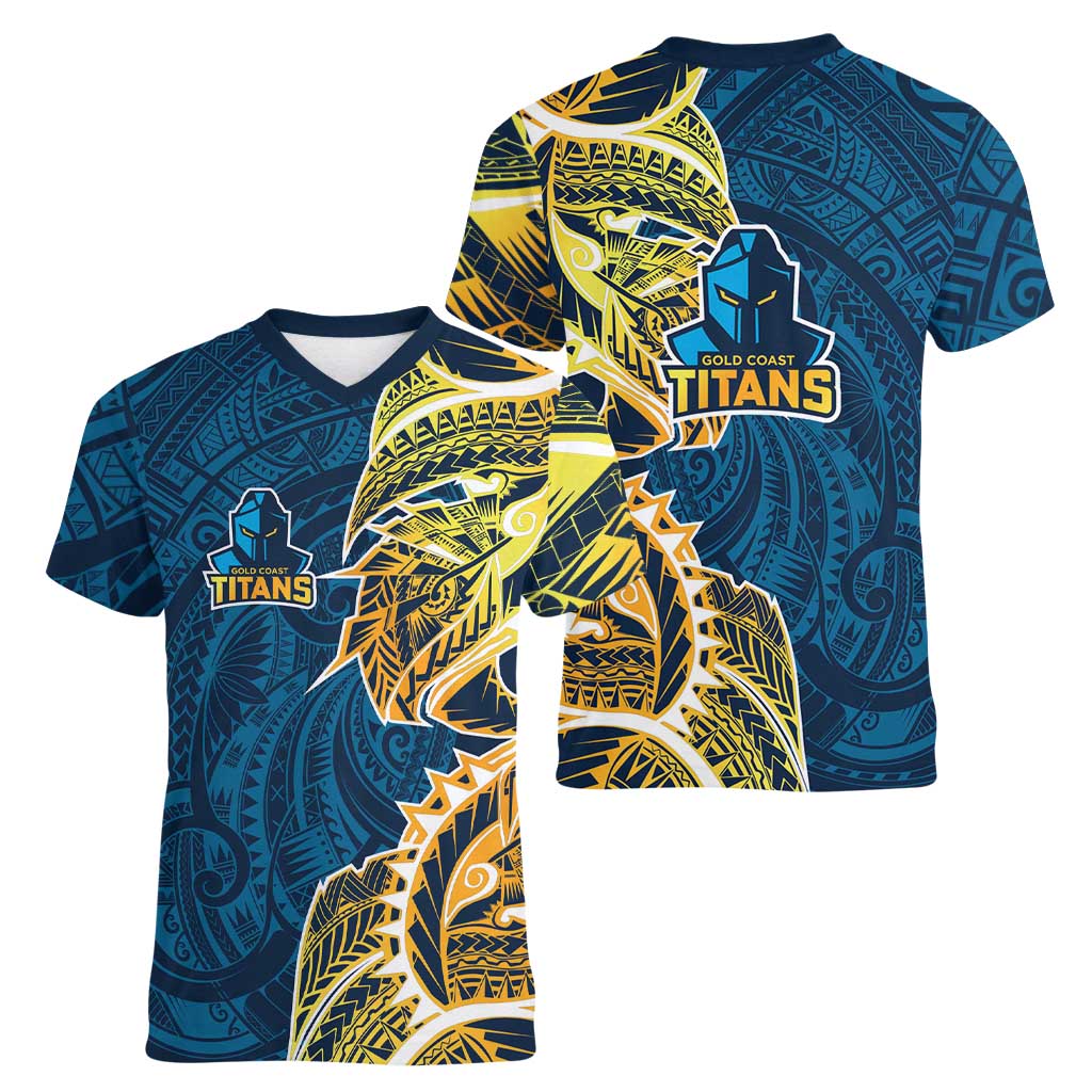 Gold Coast Titans Women V-Neck T-Shirt Polynesian Tribal Tattoo Pacific Sport Art