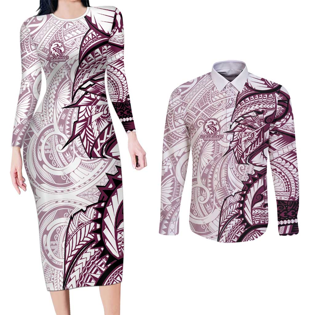 Sea Eagles Couples Matching Long Sleeve Bodycon Dress and Long Sleeve Button Shirt Polynesian Tribal Tattoo Pacific Sport Art