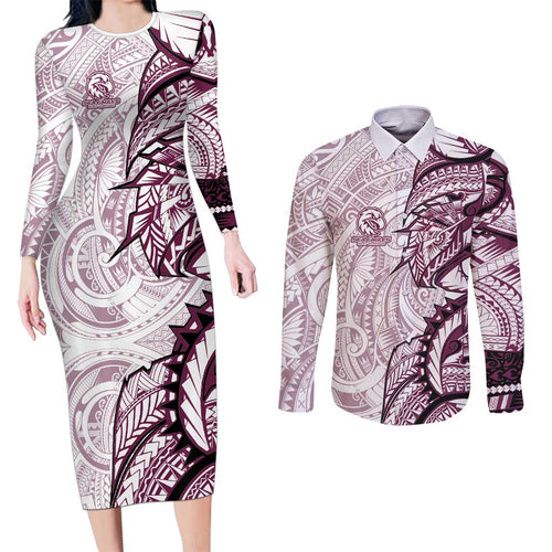 Sea Eagles Couples Matching Long Sleeve Bodycon Dress and Long Sleeve Button Shirt Polynesian Tribal Tattoo Pacific Sport Art
