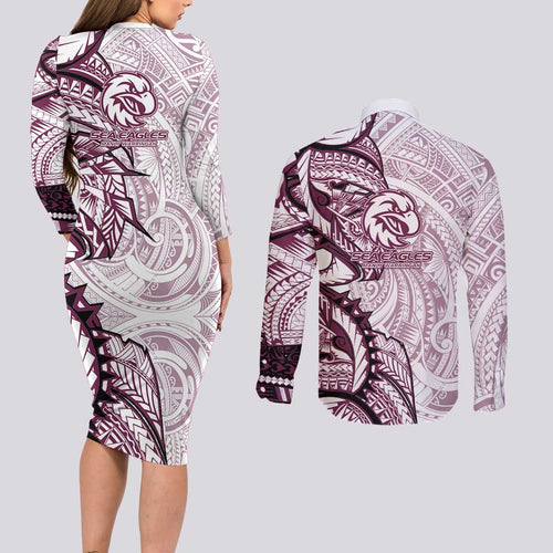 Sea Eagles Couples Matching Long Sleeve Bodycon Dress and Long Sleeve Button Shirt Polynesian Tribal Tattoo Pacific Sport Art