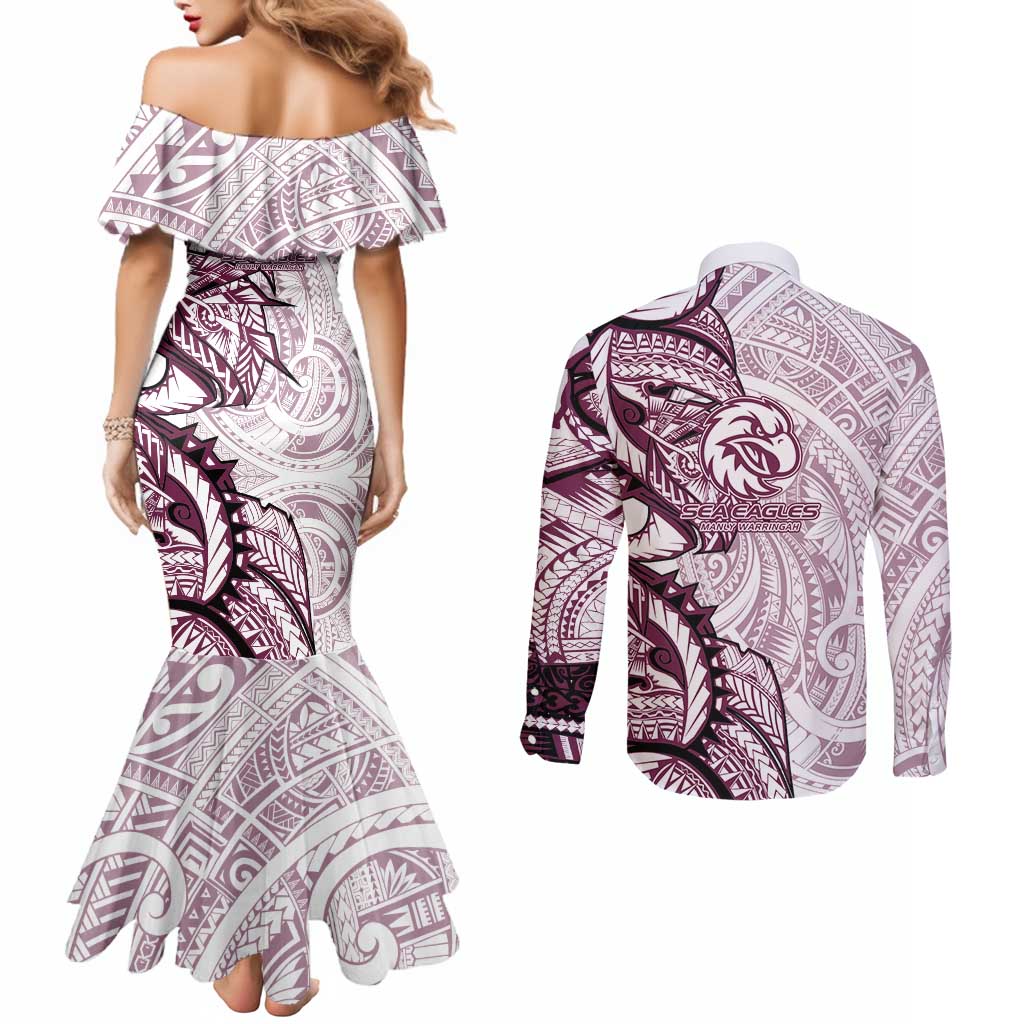Sea Eagles Couples Matching Mermaid Dress and Long Sleeve Button Shirt Polynesian Tribal Tattoo Pacific Sport Art