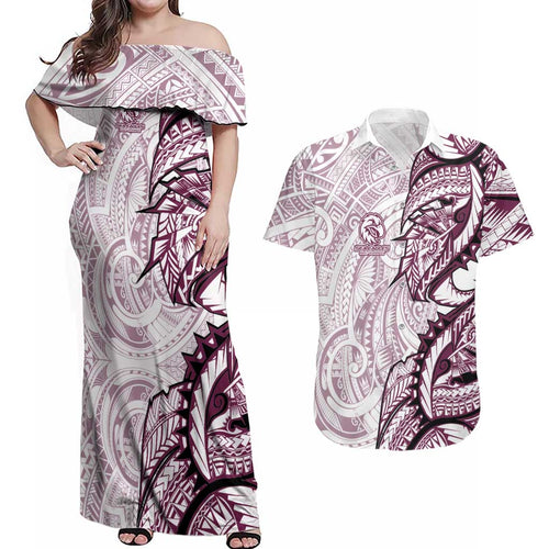 Sea Eagles Couples Matching Off Shoulder Maxi Dress and Hawaiian Shirt Polynesian Tribal Tattoo Pacific Sport Art