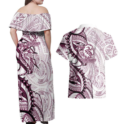 Sea Eagles Couples Matching Off Shoulder Maxi Dress and Hawaiian Shirt Polynesian Tribal Tattoo Pacific Sport Art