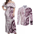 Sea Eagles Couples Matching Off Shoulder Maxi Dress and Long Sleeve Button Shirt Polynesian Tribal Tattoo Pacific Sport Art