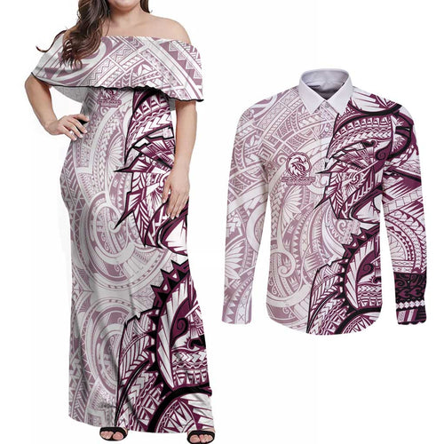 Sea Eagles Couples Matching Off Shoulder Maxi Dress and Long Sleeve Button Shirt Polynesian Tribal Tattoo Pacific Sport Art