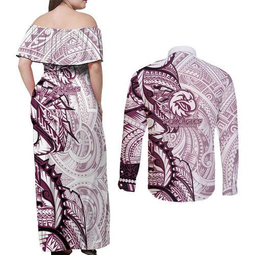 Sea Eagles Couples Matching Off Shoulder Maxi Dress and Long Sleeve Button Shirt Polynesian Tribal Tattoo Pacific Sport Art