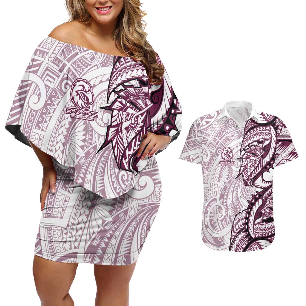 Sea Eagles Couples Matching Off Shoulder Short Dress and Hawaiian Shirt Polynesian Tribal Tattoo Pacific Sport Art