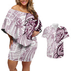 Sea Eagles Couples Matching Off Shoulder Short Dress and Hawaiian Shirt Polynesian Tribal Tattoo Pacific Sport Art