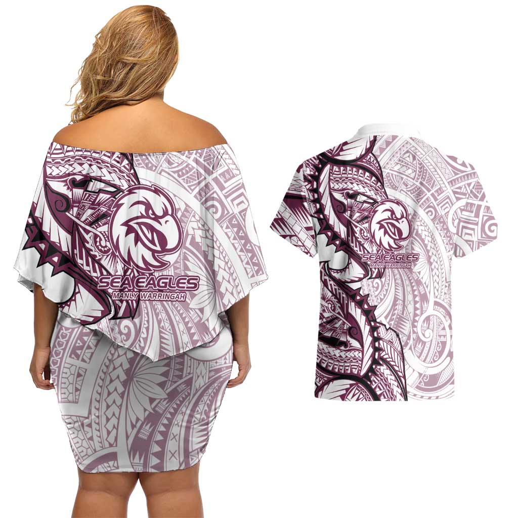Sea Eagles Couples Matching Off Shoulder Short Dress and Hawaiian Shirt Polynesian Tribal Tattoo Pacific Sport Art