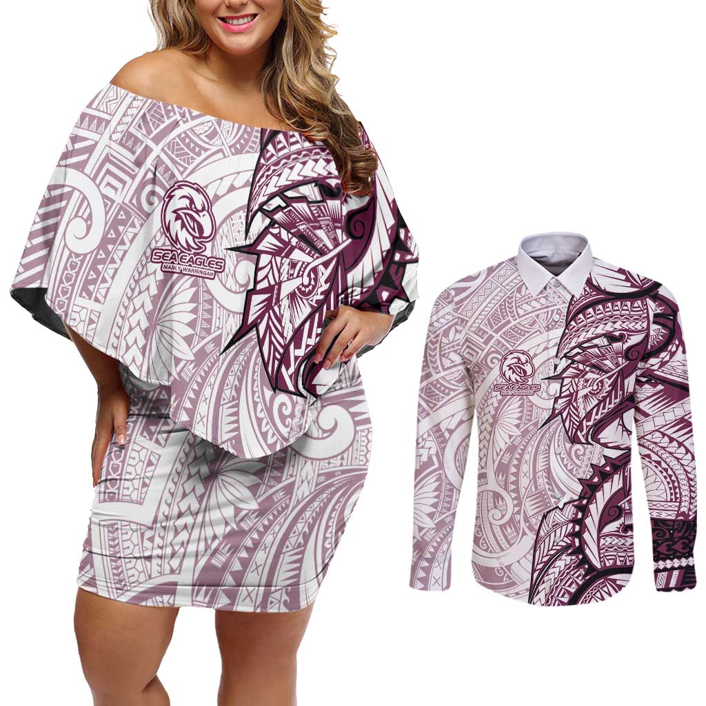 Sea Eagles Couples Matching Off Shoulder Short Dress and Long Sleeve Button Shirt Polynesian Tribal Tattoo Pacific Sport Art