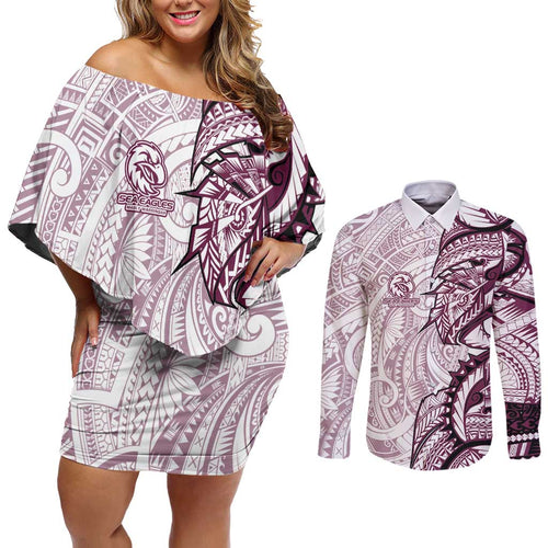 Sea Eagles Couples Matching Off Shoulder Short Dress and Long Sleeve Button Shirt Polynesian Tribal Tattoo Pacific Sport Art
