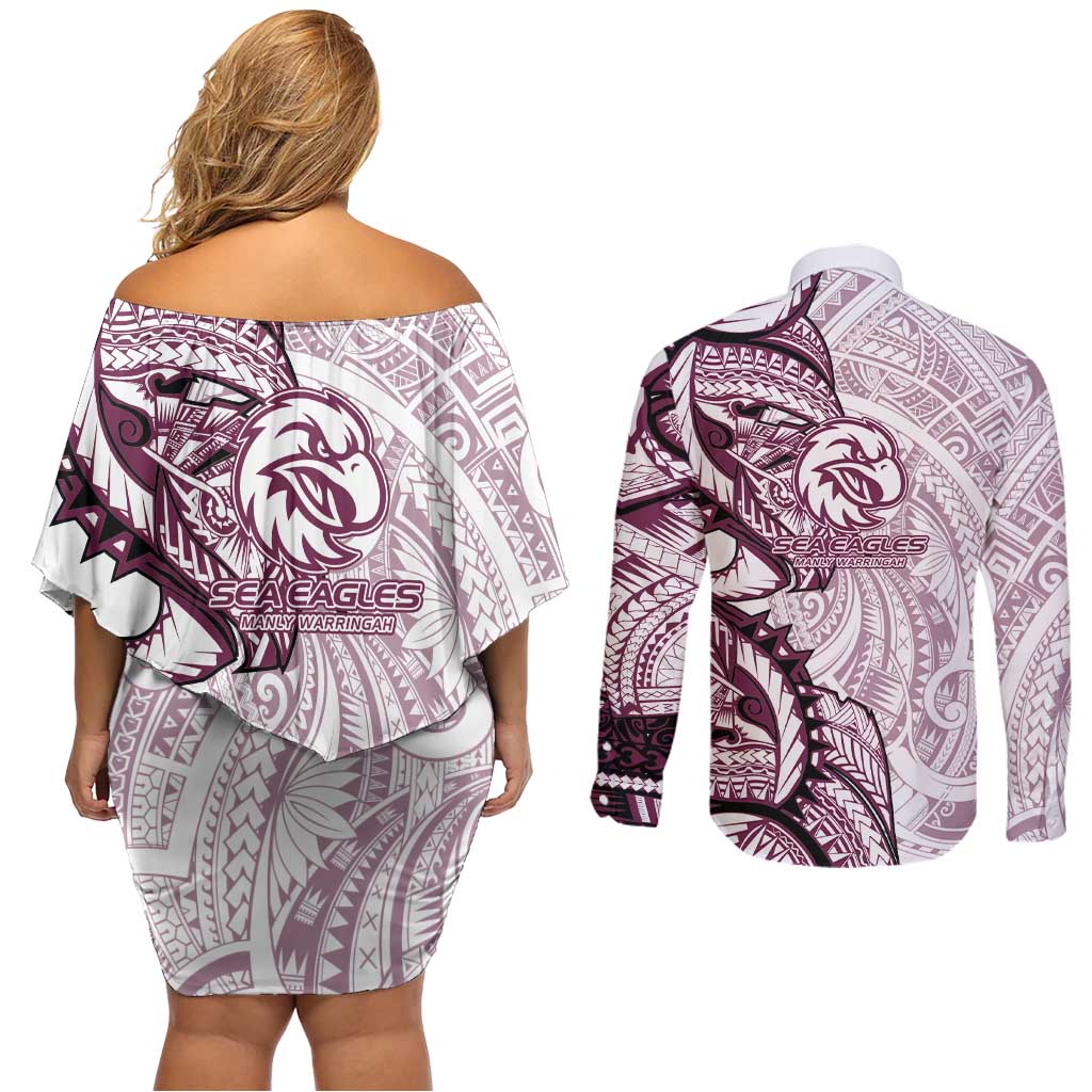 Sea Eagles Couples Matching Off Shoulder Short Dress and Long Sleeve Button Shirt Polynesian Tribal Tattoo Pacific Sport Art