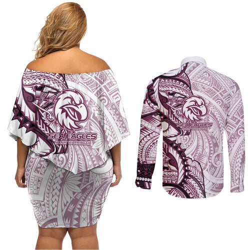 Sea Eagles Couples Matching Off Shoulder Short Dress and Long Sleeve Button Shirt Polynesian Tribal Tattoo Pacific Sport Art
