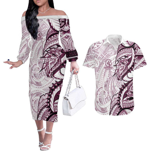 Sea Eagles Couples Matching Off The Shoulder Long Sleeve Dress and Hawaiian Shirt Polynesian Tribal Tattoo Pacific Sport Art