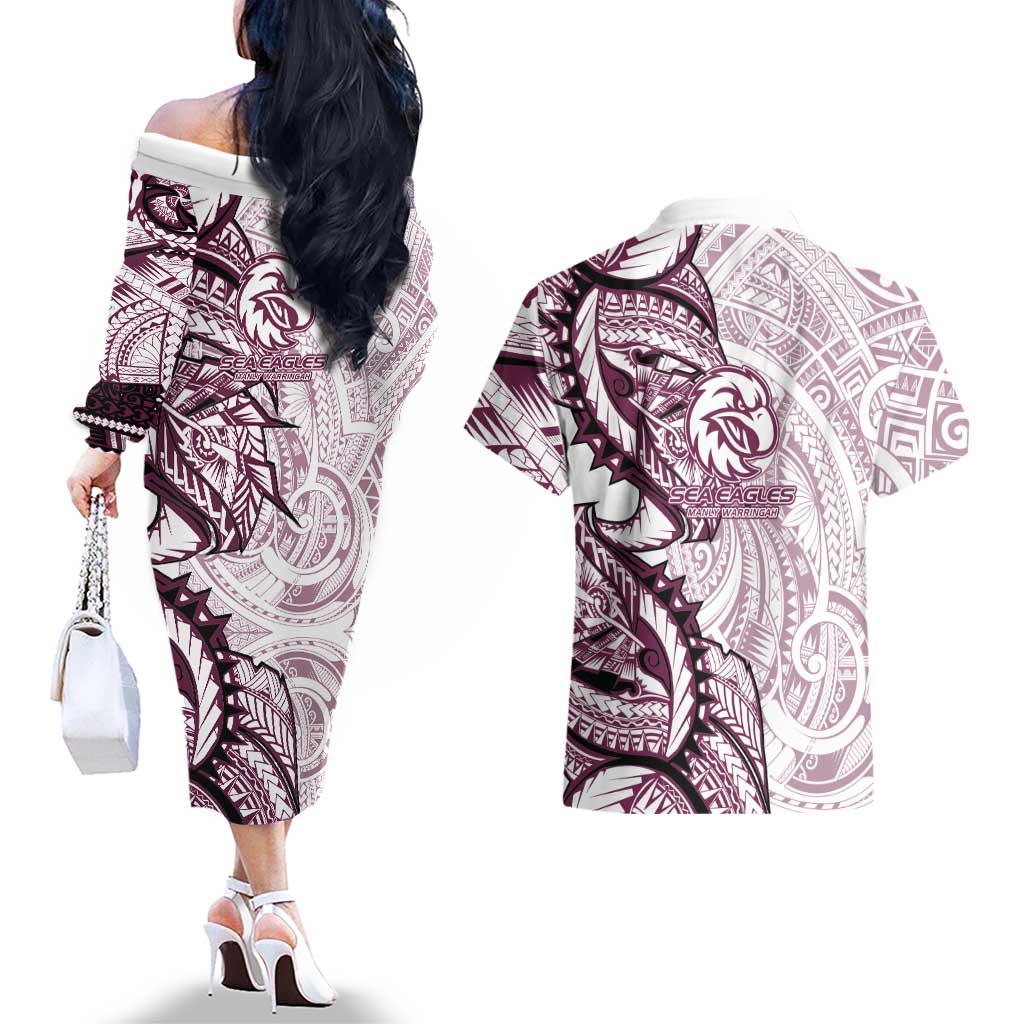 Sea Eagles Couples Matching Off The Shoulder Long Sleeve Dress and Hawaiian Shirt Polynesian Tribal Tattoo Pacific Sport Art