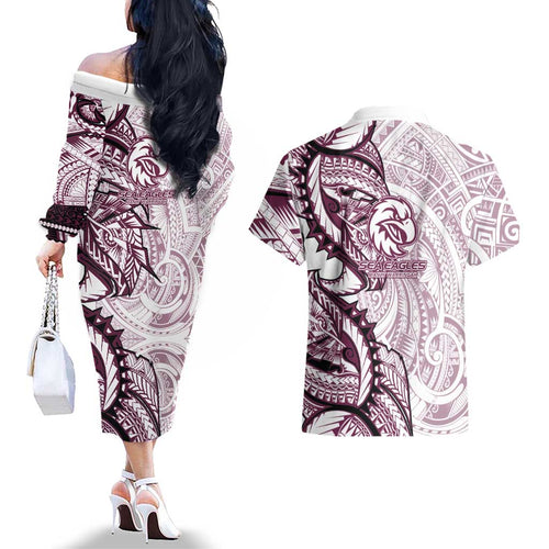 Sea Eagles Couples Matching Off The Shoulder Long Sleeve Dress and Hawaiian Shirt Polynesian Tribal Tattoo Pacific Sport Art