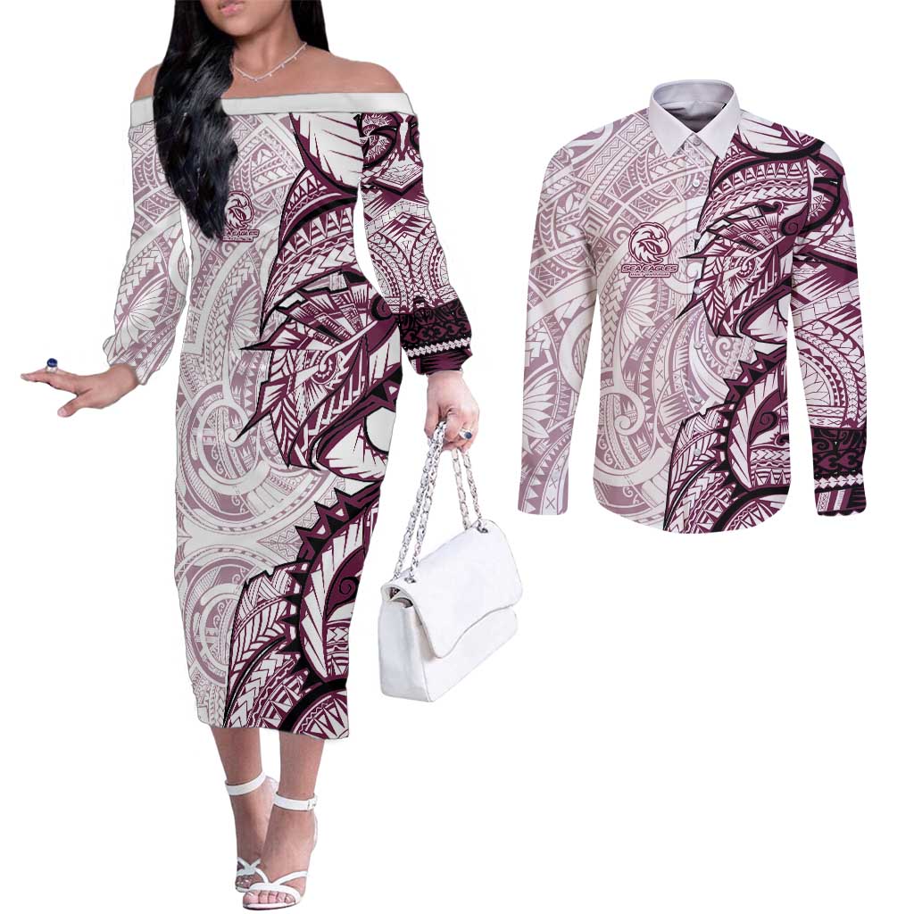 Sea Eagles Couples Matching Off The Shoulder Long Sleeve Dress and Long Sleeve Button Shirt Polynesian Tribal Tattoo Pacific Sport Art