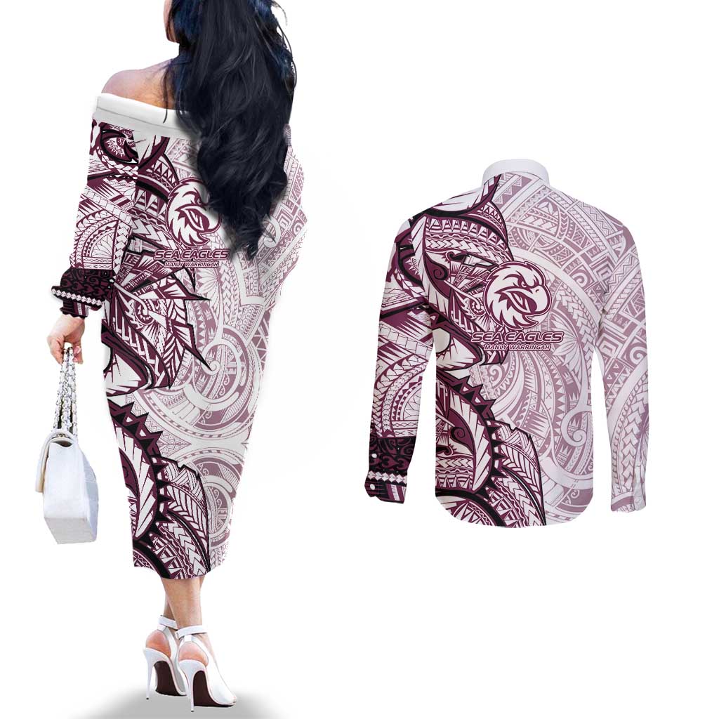 Sea Eagles Couples Matching Off The Shoulder Long Sleeve Dress and Long Sleeve Button Shirt Polynesian Tribal Tattoo Pacific Sport Art