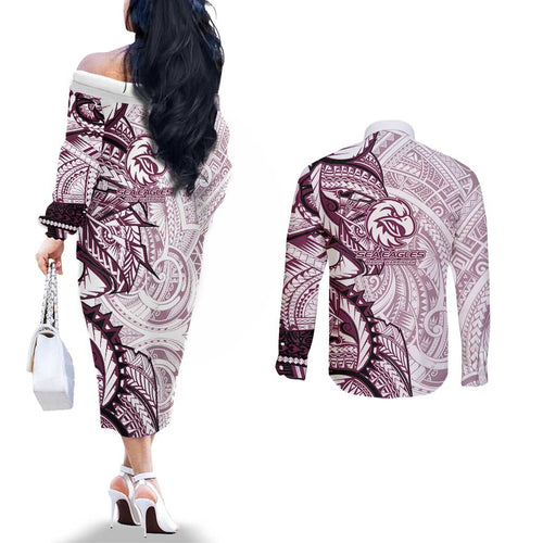 Sea Eagles Couples Matching Off The Shoulder Long Sleeve Dress and Long Sleeve Button Shirt Polynesian Tribal Tattoo Pacific Sport Art