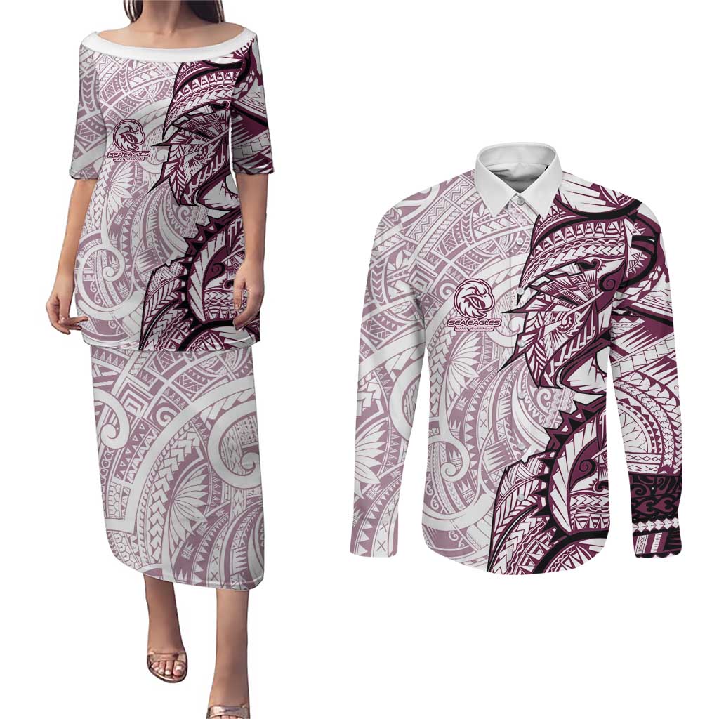 Sea Eagles Couples Matching Puletasi and Long Sleeve Button Shirt Polynesian Tribal Tattoo Pacific Sport Art