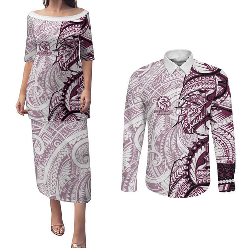 Sea Eagles Couples Matching Puletasi and Long Sleeve Button Shirt Polynesian Tribal Tattoo Pacific Sport Art