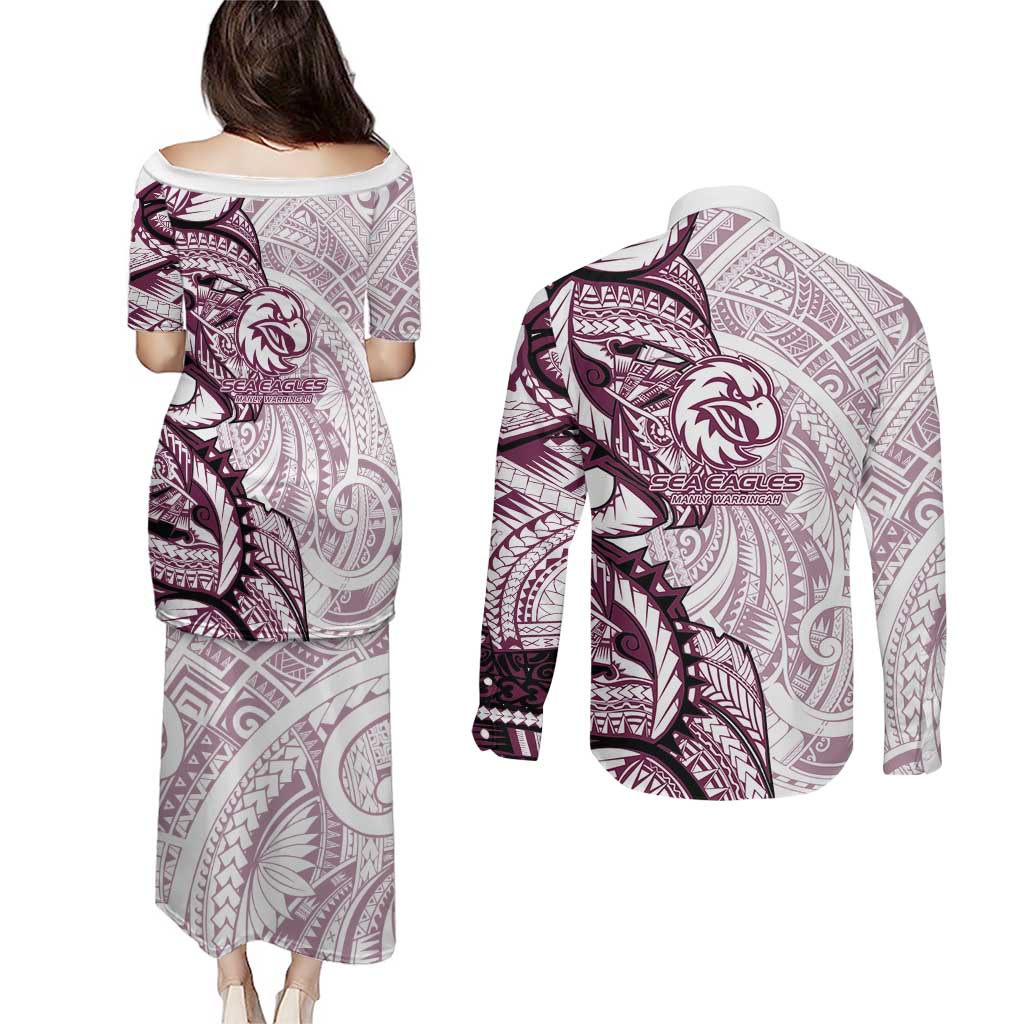 Sea Eagles Couples Matching Puletasi and Long Sleeve Button Shirt Polynesian Tribal Tattoo Pacific Sport Art