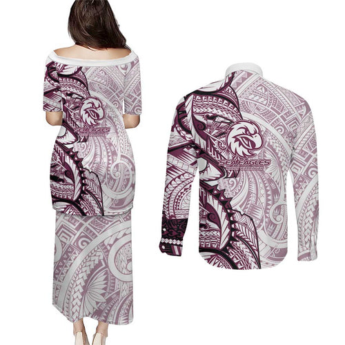 Sea Eagles Couples Matching Puletasi and Long Sleeve Button Shirt Polynesian Tribal Tattoo Pacific Sport Art