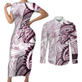 Sea Eagles Couples Matching Short Sleeve Bodycon Dress and Long Sleeve Button Shirt Polynesian Tribal Tattoo Pacific Sport Art