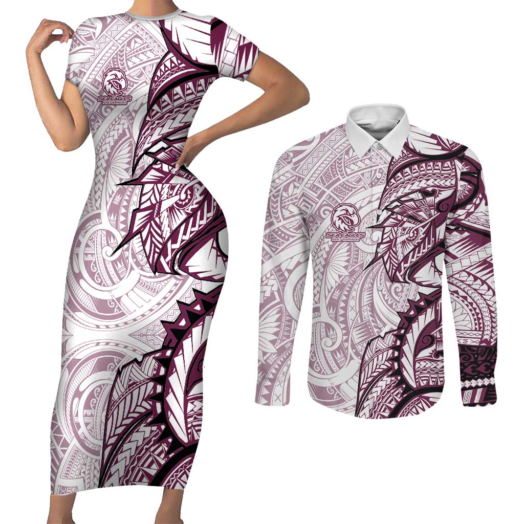 Sea Eagles Couples Matching Short Sleeve Bodycon Dress and Long Sleeve Button Shirt Polynesian Tribal Tattoo Pacific Sport Art