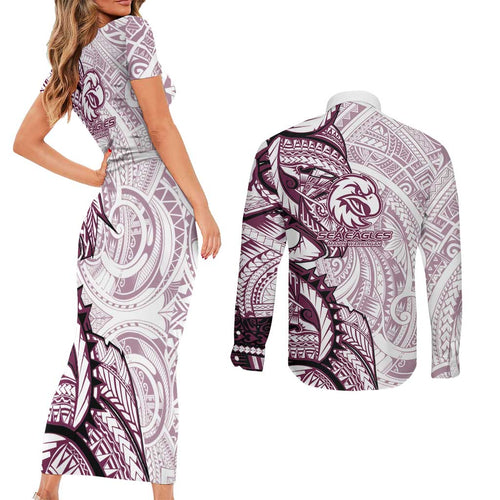 Sea Eagles Couples Matching Short Sleeve Bodycon Dress and Long Sleeve Button Shirt Polynesian Tribal Tattoo Pacific Sport Art