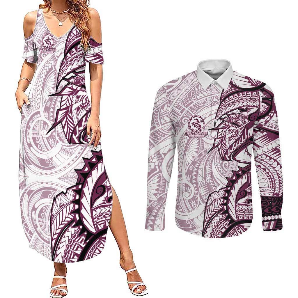 Sea Eagles Couples Matching Summer Maxi Dress and Long Sleeve Button Shirt Polynesian Tribal Tattoo Pacific Sport Art