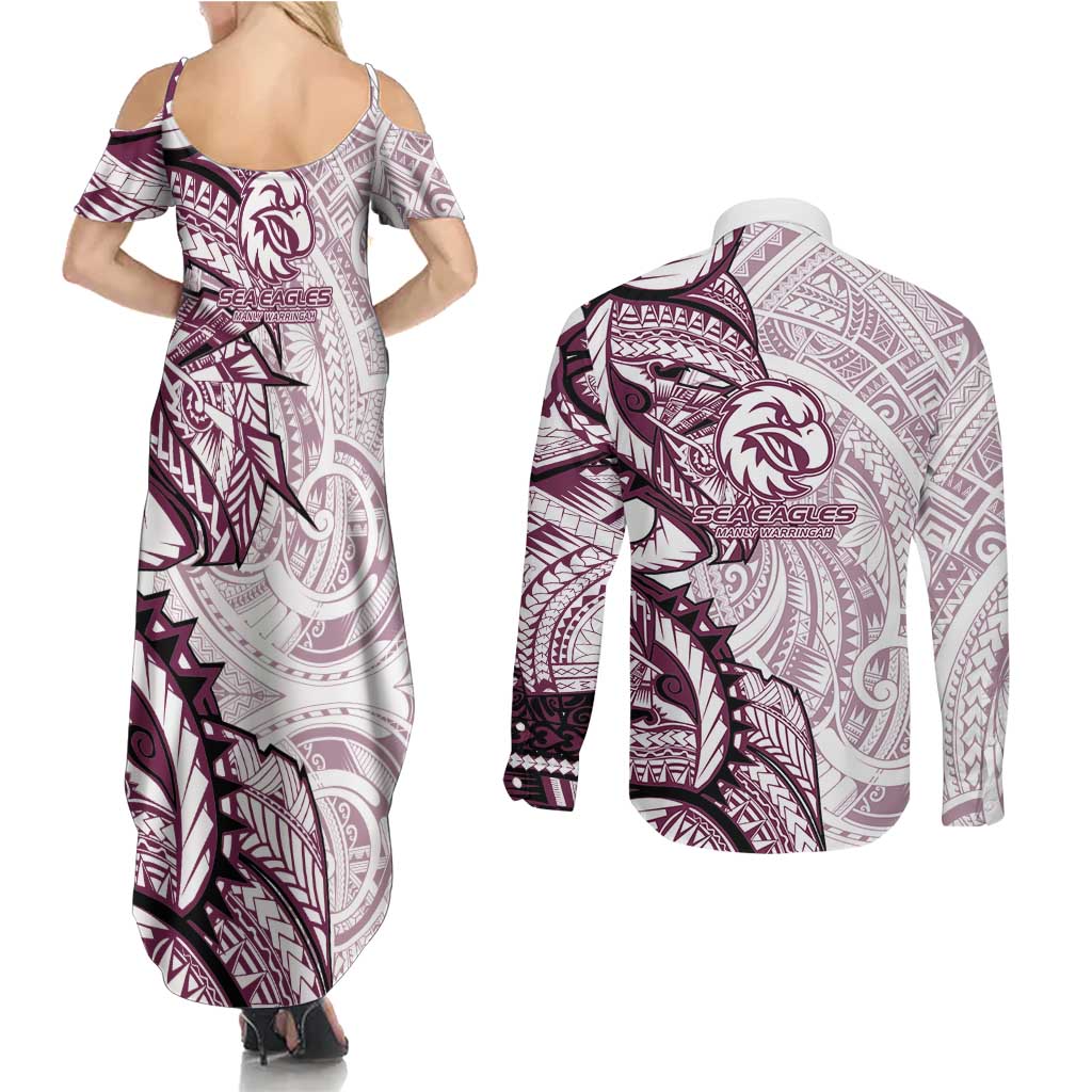 Sea Eagles Couples Matching Summer Maxi Dress and Long Sleeve Button Shirt Polynesian Tribal Tattoo Pacific Sport Art