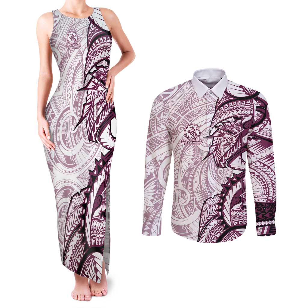 Sea Eagles Couples Matching Tank Maxi Dress and Long Sleeve Button Shirt Polynesian Tribal Tattoo Pacific Sport Art
